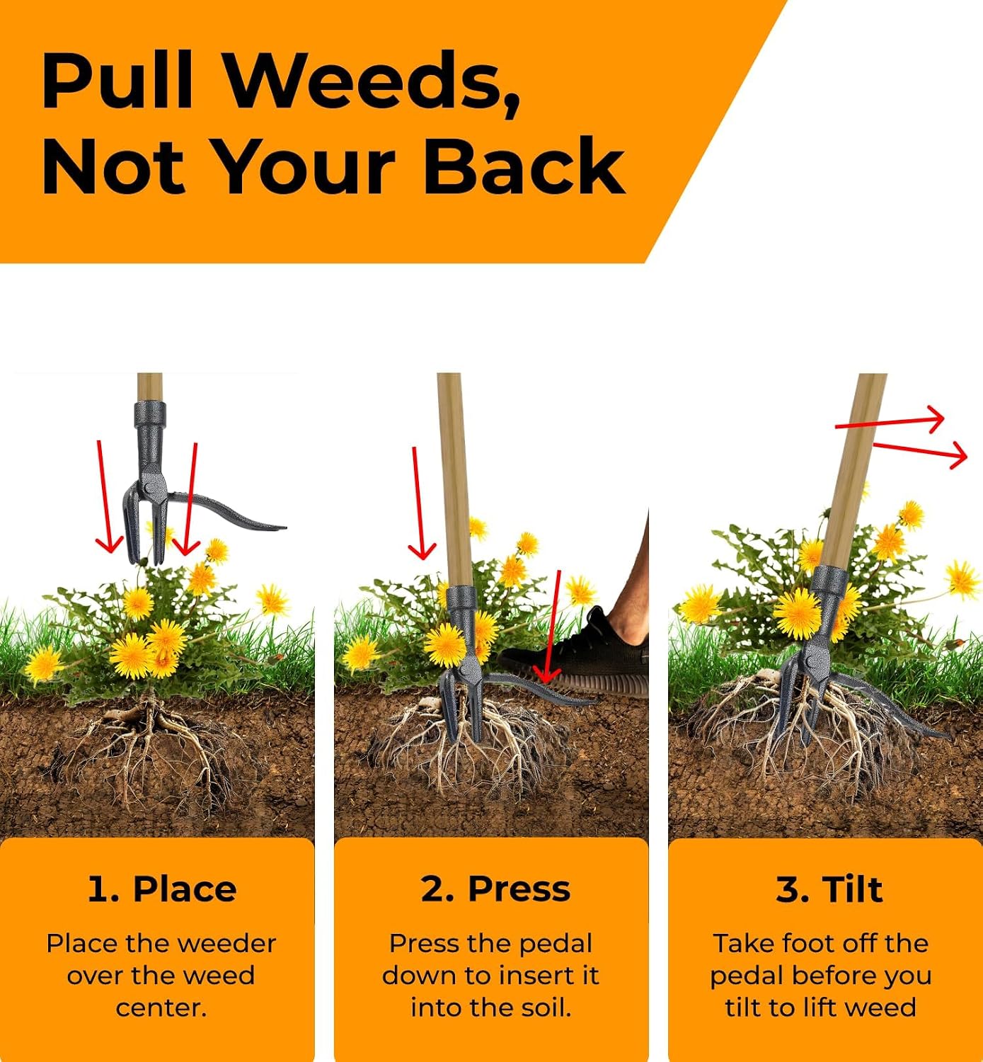 Craft911 Stand Up Weed Puller Tool with Long Handle - Dandelion Weeding Tool, No More Bending