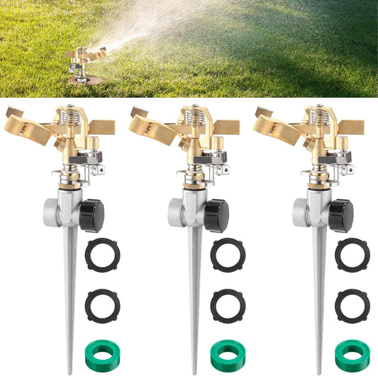 3 Pcs Lawn Impact Sprinklers for Yard Heavy Duty Brass Water Sprinkler with Spike Base 360° Adjustable Lawn Irrigation Equipment for Large Area Garden Grass Yard Patio
