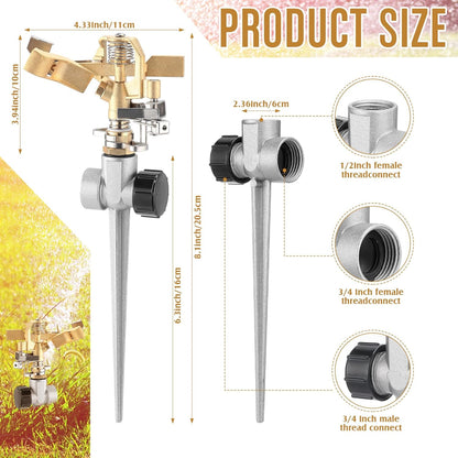 3 Pcs Lawn Impact Sprinklers for Yard Heavy Duty Brass Water Sprinkler with Spike Base 360° Adjustable Lawn Irrigation Equipment for Large Area Garden Grass Yard Patio