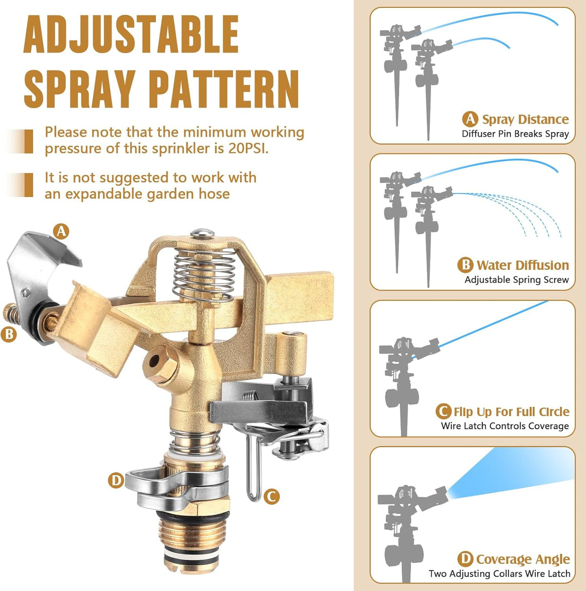 3 Pcs Lawn Impact Sprinklers for Yard Heavy Duty Brass Water Sprinkler with Spike Base 360° Adjustable Lawn Irrigation Equipment for Large Area Garden Grass Yard Patio