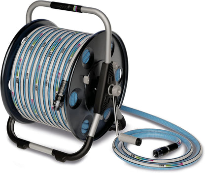 Quantum durable, movable metal hose reel for floor or wall mounting, with durable, kink-proof and ultra-flexible NTS Water Hose 100-Feet x 5/8-Inch