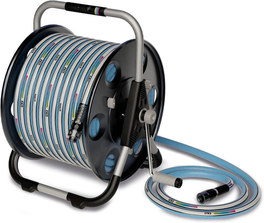 Quantum durable, movable metal hose reel for floor or wall mounting, with durable, kink-proof and ultra-flexible NTS Water Hose 100-Feet x 5/8-Inch