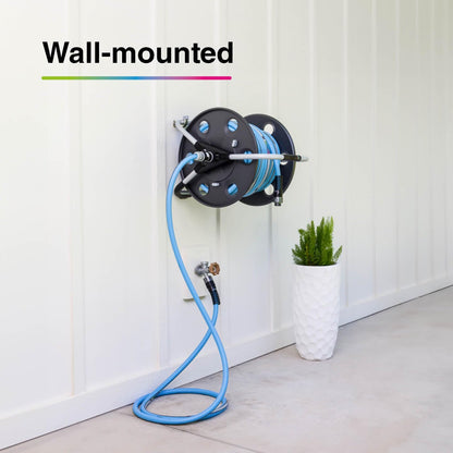 Quantum durable, movable metal hose reel for floor or wall mounting, with durable, kink-proof and ultra-flexible NTS Water Hose 100-Feet x 5/8-Inch