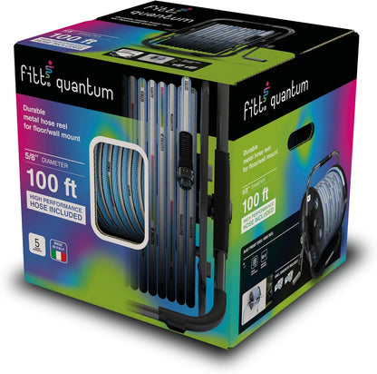 Quantum durable, movable metal hose reel for floor or wall mounting, with durable, kink-proof and ultra-flexible NTS Water Hose 100-Feet x 5/8-Inch