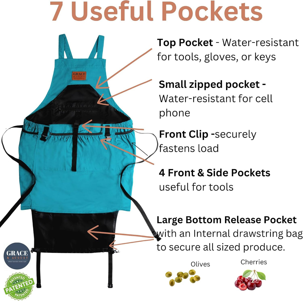 Gardening Apron with Pockets for Women & Men - Garden Apron 7 Pockets & Internal Drawstring Bag - Great Gift