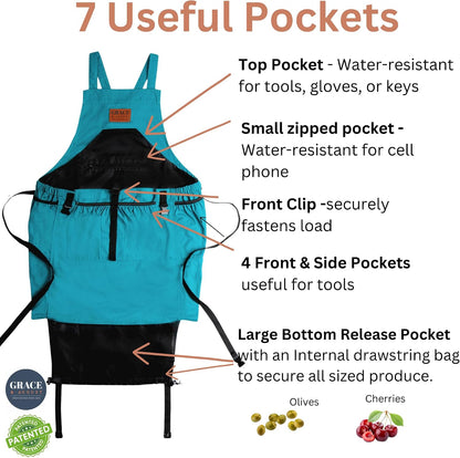 Gardening Apron with Pockets for Women & Men - Garden Apron 7 Pockets & Internal Drawstring Bag - Great Gift