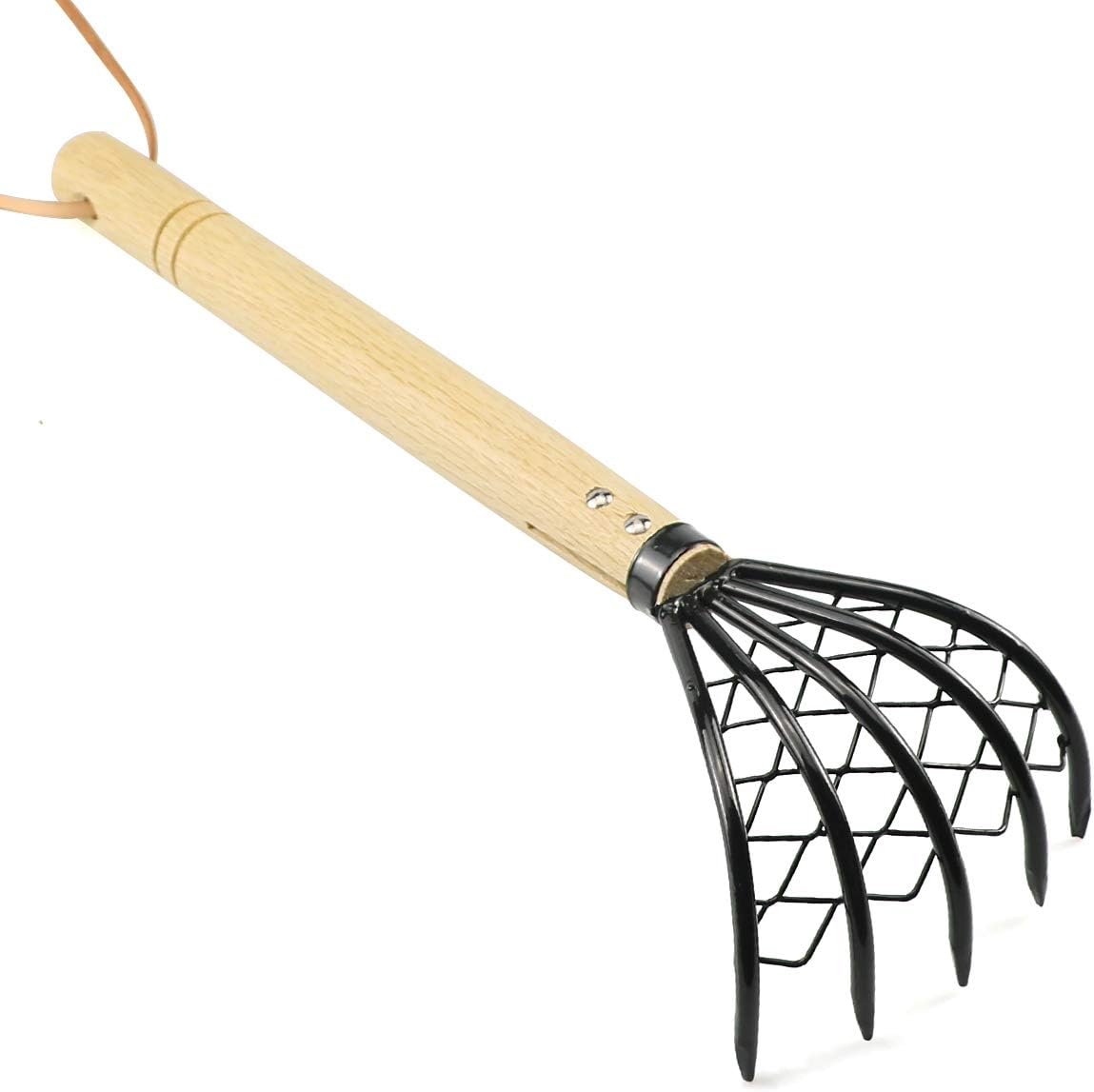Claw Rake with Mesh Net, 15 Inch Japanese Hand Rake, 5-Tine Ninja Steel Clamming Claws, Long Handled Shell Clam Digger, Dig Seafood Accessories with Flat Cowhide Rope, Lightweight, Sturdy, Compact