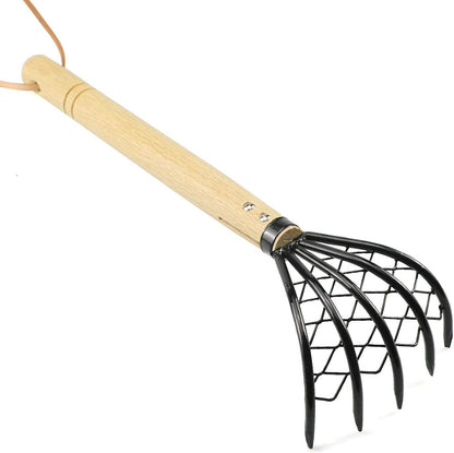 Claw Rake with Mesh Net, 15 Inch Japanese Hand Rake, 5-Tine Ninja Steel Clamming Claws, Long Handled Shell Clam Digger, Dig Seafood Accessories with Flat Cowhide Rope, Lightweight, Sturdy, Compact