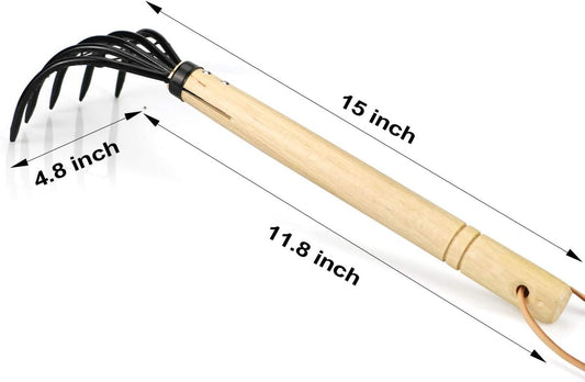 Claw Rake with Mesh Net, 15 Inch Japanese Hand Rake, 5-Tine Ninja Steel Clamming Claws, Long Handled Shell Clam Digger, Dig Seafood Accessories with Flat Cowhide Rope, Lightweight, Sturdy, Compact