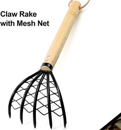 Claw Rake with Mesh Net, 15 Inch Japanese Hand Rake, 5-Tine Ninja Steel Clamming Claws, Long Handled Shell Clam Digger, Dig Seafood Accessories with Flat Cowhide Rope, Lightweight, Sturdy, Compact