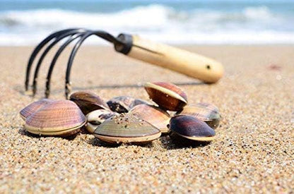 Claw Rake with Mesh Net, 15 Inch Japanese Hand Rake, 5-Tine Ninja Steel Clamming Claws, Long Handled Shell Clam Digger, Dig Seafood Accessories with Flat Cowhide Rope, Lightweight, Sturdy, Compact