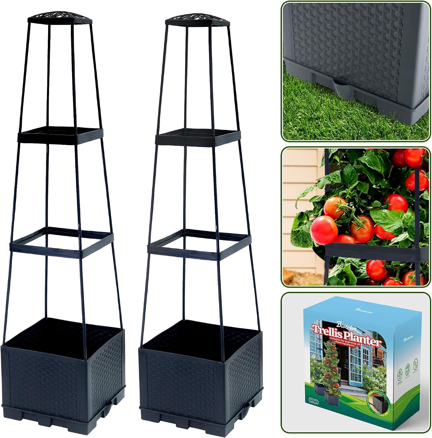 2 Packs Raised Garden Bed Tomato Planter Box with Trellis,44.8" Self-Watering Tomato Cage with Trapezoidal Trellis for Climbing Plants Flowers Vegetables Vine in Patio Garden Indoor Outdoor