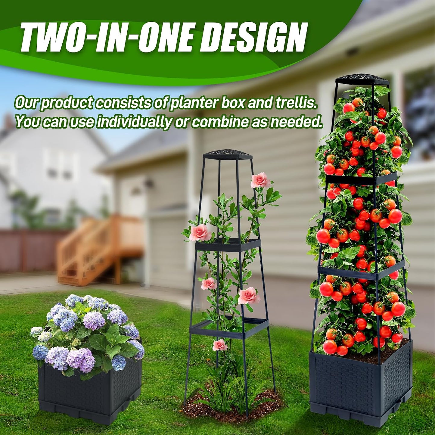 2 Packs Raised Garden Bed Tomato Planter Box with Trellis,44.8" Self-Watering Tomato Cage with Trapezoidal Trellis for Climbing Plants Flowers Vegetables Vine in Patio Garden Indoor Outdoor
