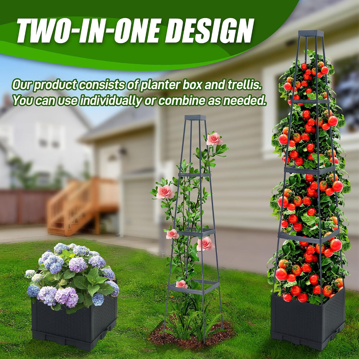 2 Packs Raised Garden Bed Tomato Planter Box with Trellis,44.8" Self-Watering Tomato Cage with Trapezoidal Trellis for Climbing Plants Flowers Vegetables Vine in Patio Garden Indoor Outdoor