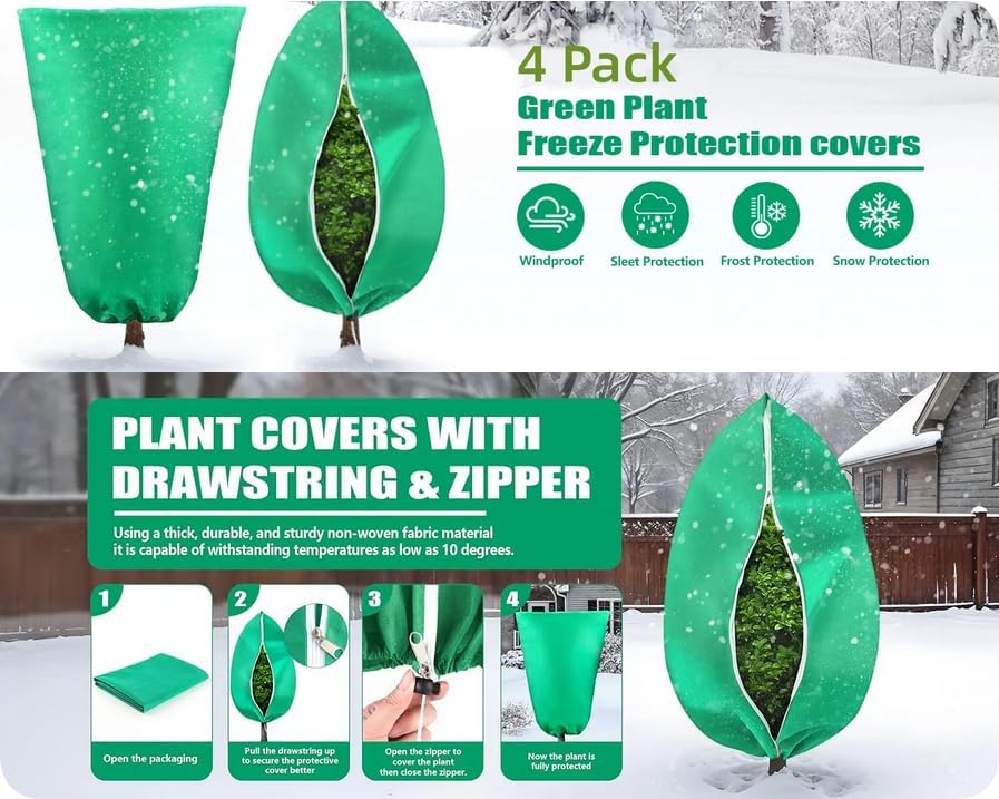 4 Pack Plant Covers Freeze Protection Bag Frost Covers & Zipper Drawstring, Plant Frost Protection Covers, Breathable Winter Plant Covers, Freeze Protection for Outdoor Plants (31.5*47.2in-4PCS)