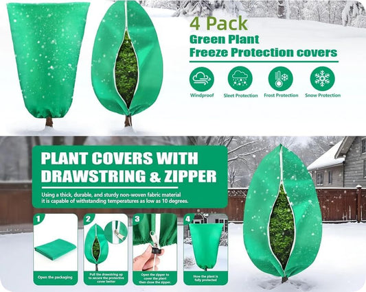 4 Pack Plant Covers Freeze Protection Bag Frost Covers & Zipper Drawstring, Plant Frost Protection Covers, Breathable Winter Plant Covers, Freeze Protection for Outdoor Plants (31.5*47.2in-4PCS)