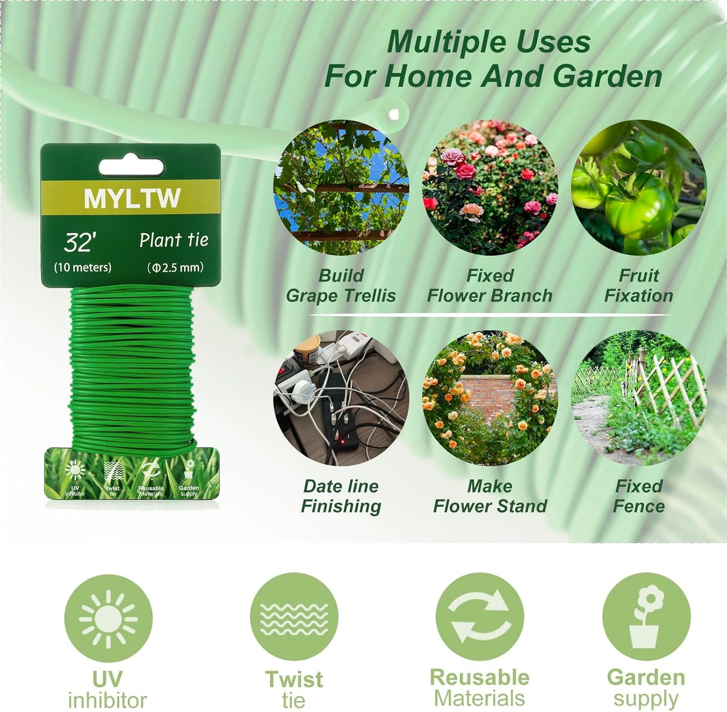 32FT Soft Plant Ties,Green Twist Garden Ties,Flexible Twist Ties for Climbing Plants House and Garden Plants Office Home Organizing(Diameter 2.5mm)