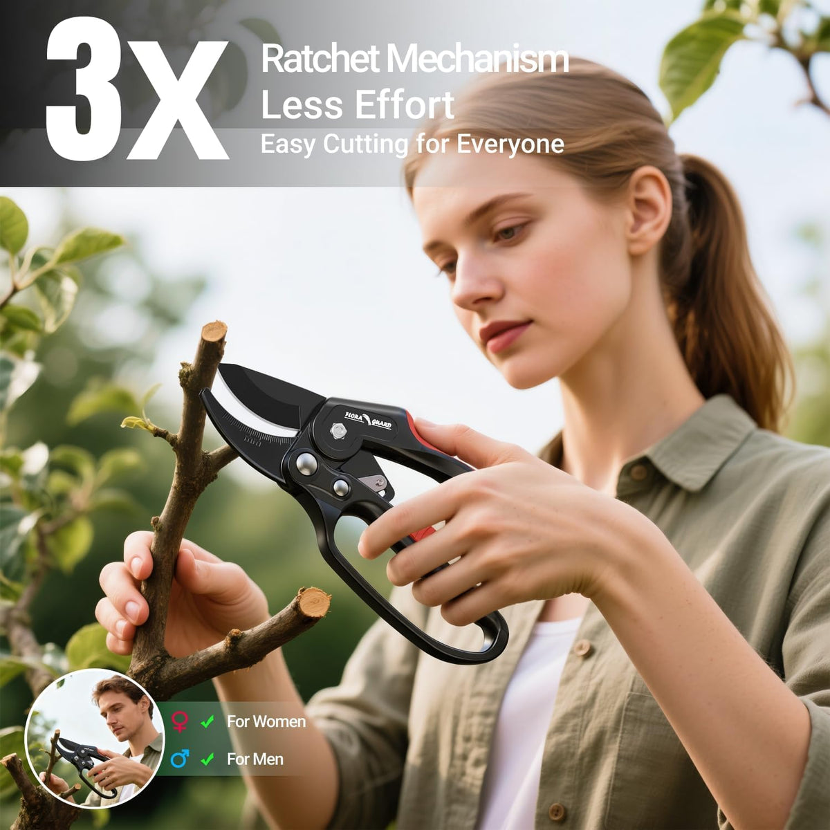 Ratchet Pruning Shears with SK5 Steel Blade, 3-Step Ratchet