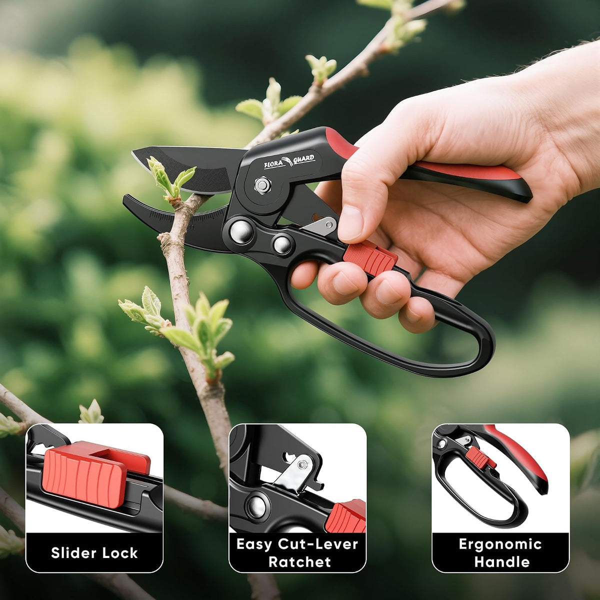 Ratchet Pruning Shears with SK5 Steel Blade, 3-Step Ratchet