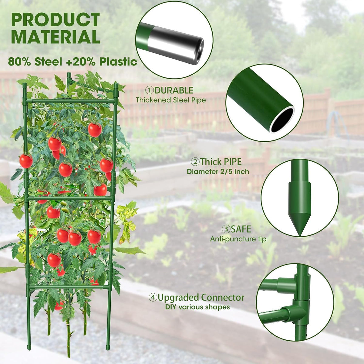3 Pack Tomato Cage,Tomato Cage for Raised Garden Bed, 48'' Tall Tomato Trellis Triangle or Square Cages for Garden,Pots, Plant Cages & Supports（Green, Extra Bold ）