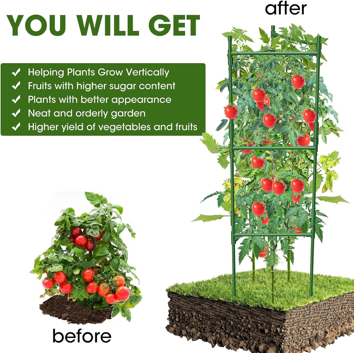3 Pack Tomato Cage,Tomato Cage for Raised Garden Bed, 48'' Tall Tomato Trellis Triangle or Square Cages for Garden,Pots, Plant Cages & Supports（Green, Extra Bold ）