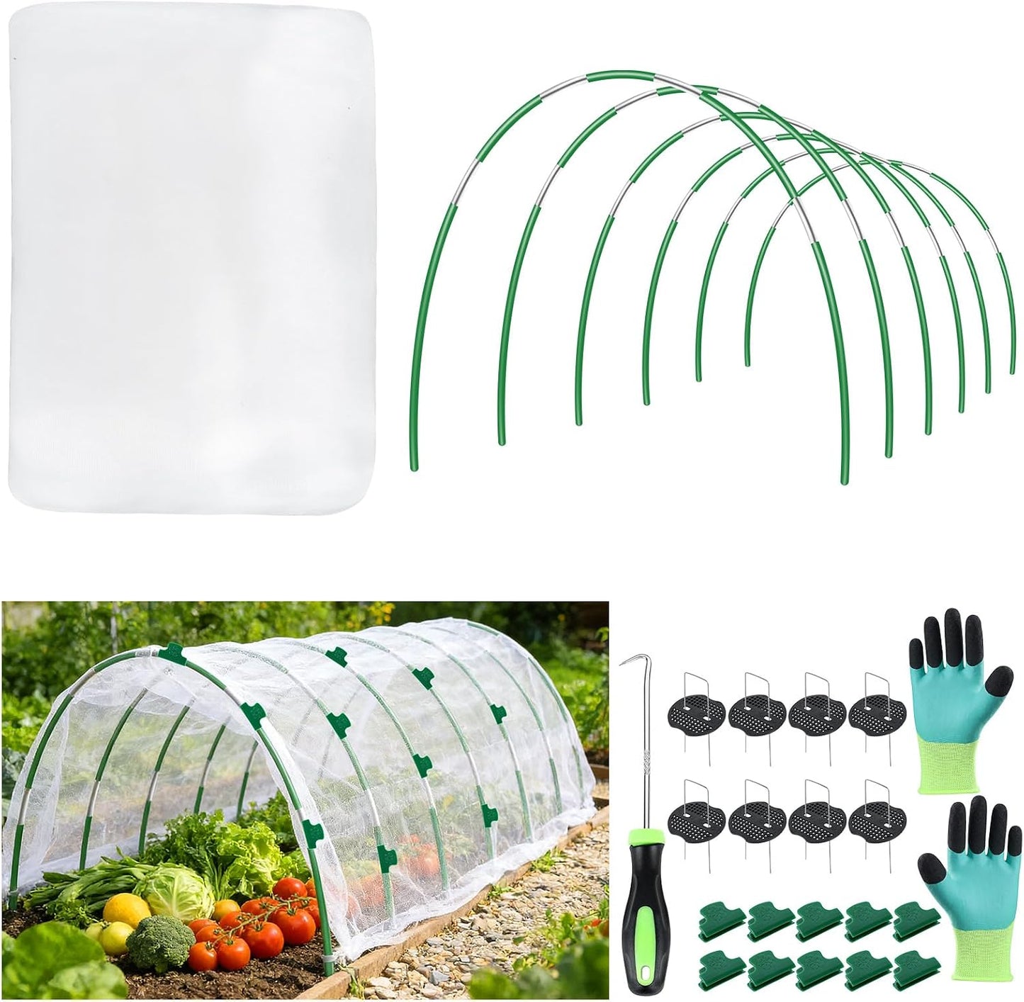 Garden Netting Kit for Raised Beds, Fiberglass Garden Hoops with 10x33FT Ultra Fine Mesh Netting and 24 Clips, Insect Netting for Garden Row Cover Vegetable Flowers Protection Barrier Plant Covers Net