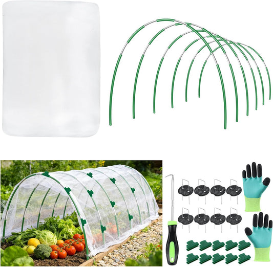 Garden Netting Kit for Raised Beds, Fiberglass Garden Hoops with 10x33FT Ultra Fine Mesh Netting and 24 Clips, Insect Netting for Garden Row Cover Vegetable Flowers Protection Barrier Plant Covers Net