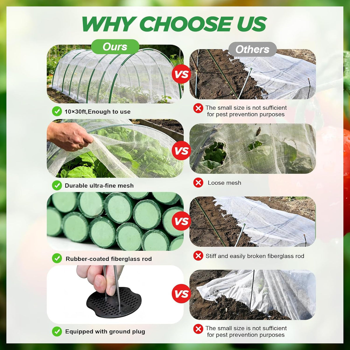 Garden Netting Kit for Raised Beds, Fiberglass Garden Hoops with 10x33FT Ultra Fine Mesh Netting and 24 Clips, Insect Netting for Garden Row Cover Vegetable Flowers Protection Barrier Plant Covers Net