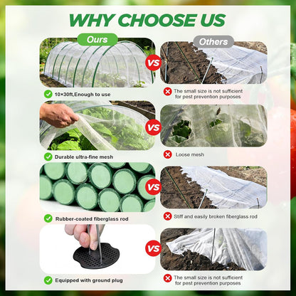 Garden Netting Kit for Raised Beds, Fiberglass Garden Hoops with 10x33FT Ultra Fine Mesh Netting and 24 Clips, Insect Netting for Garden Row Cover Vegetable Flowers Protection Barrier Plant Covers Net