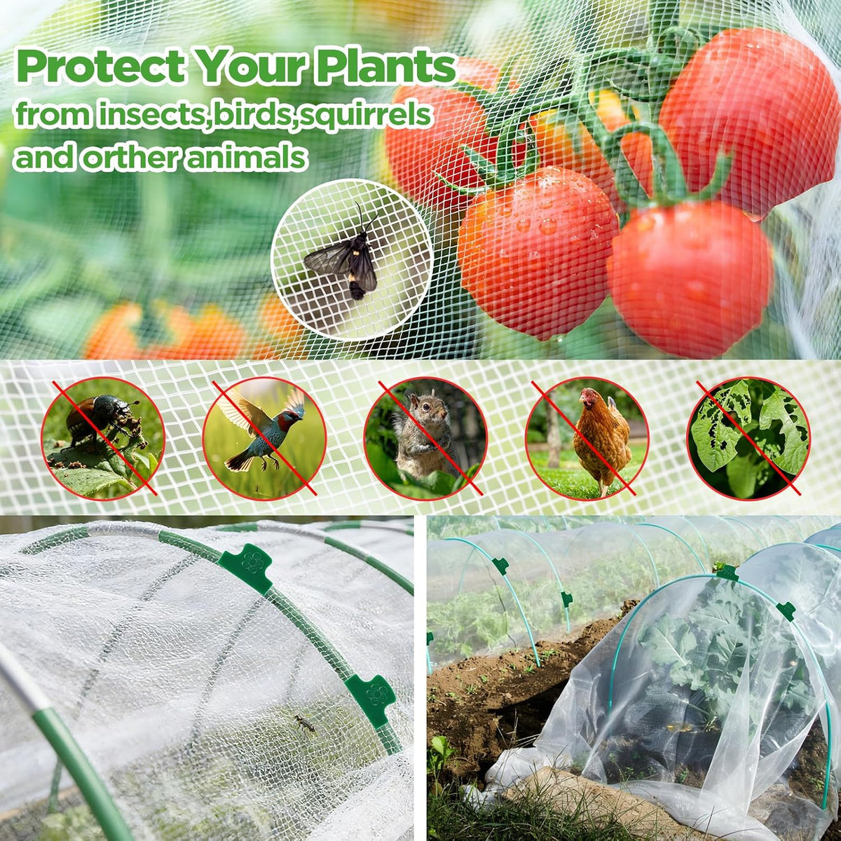 Garden Netting Kit for Raised Beds, Fiberglass Garden Hoops with 10x33FT Ultra Fine Mesh Netting and 24 Clips, Insect Netting for Garden Row Cover Vegetable Flowers Protection Barrier Plant Covers Net
