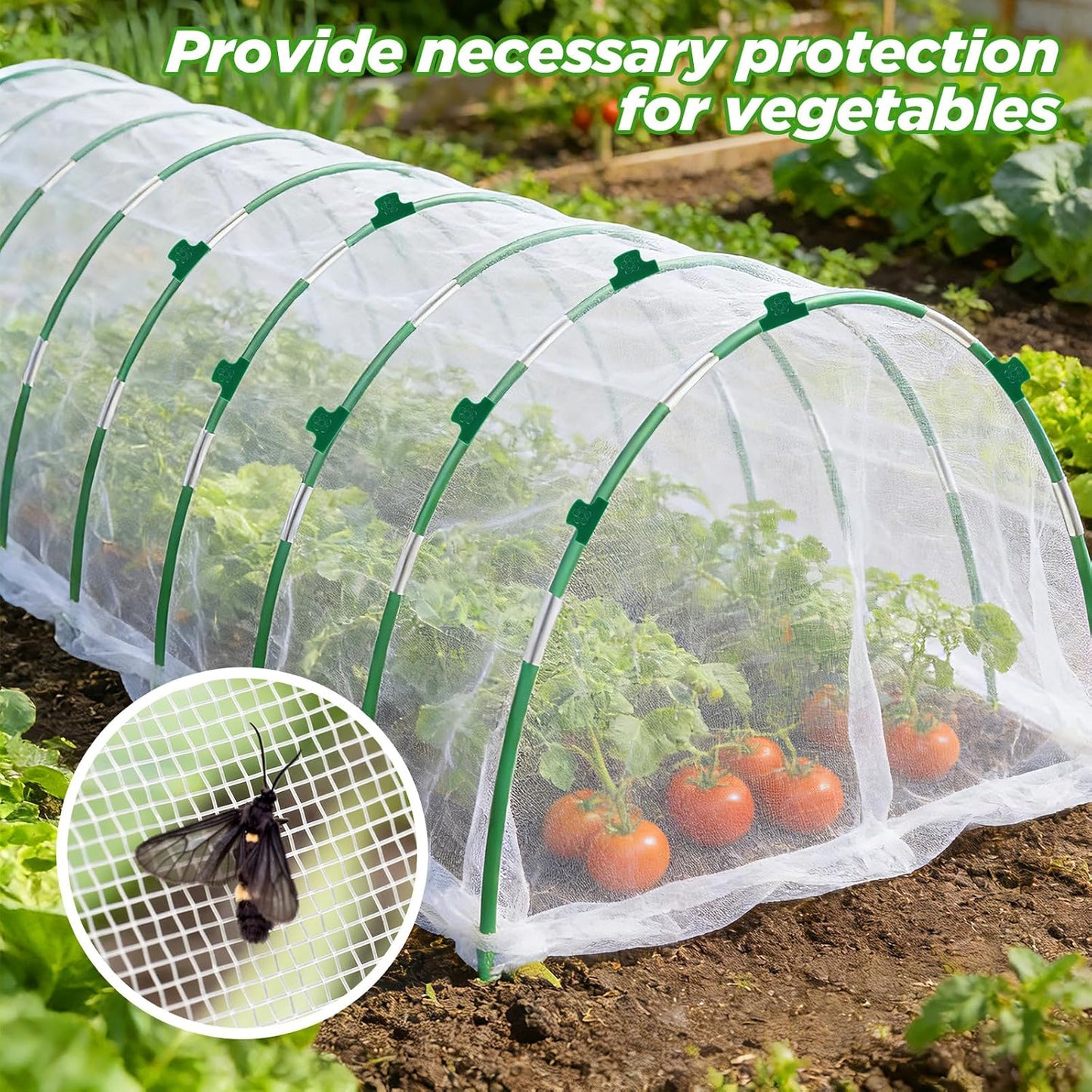 Garden Netting Kit for Raised Beds, Fiberglass Garden Hoops with 10x33FT Ultra Fine Mesh Netting and 24 Clips, Insect Netting for Garden Row Cover Vegetable Flowers Protection Barrier Plant Covers Net