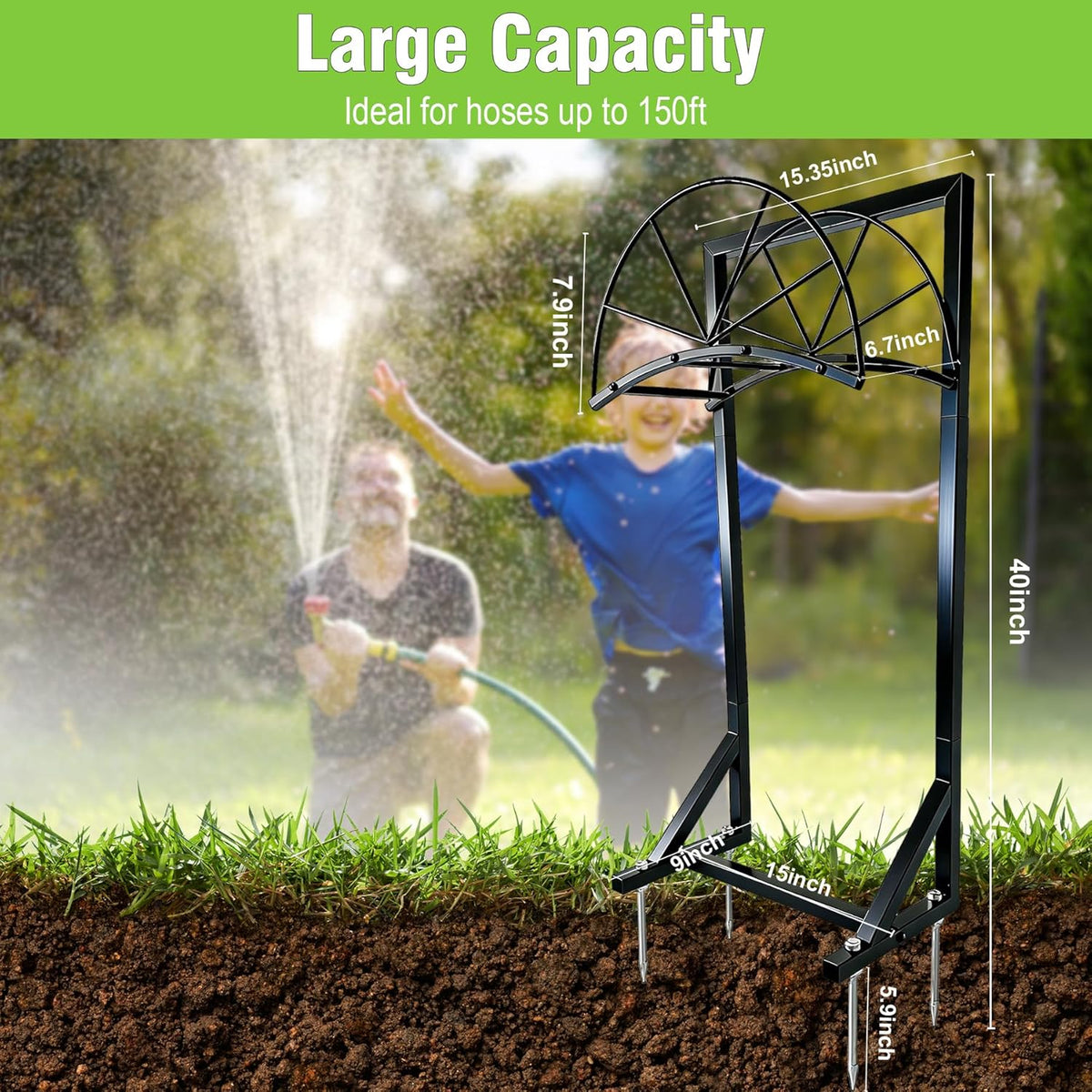 Hose Holder for Garden, Heavy Duty 150FT Freestanding Hose Rack Outdoor with 4 Steel Anchors, No Drill Rust-Proof Water Hose Organizer for Yard, Lawn, Patio, 40 Inch Standing Hose Reel