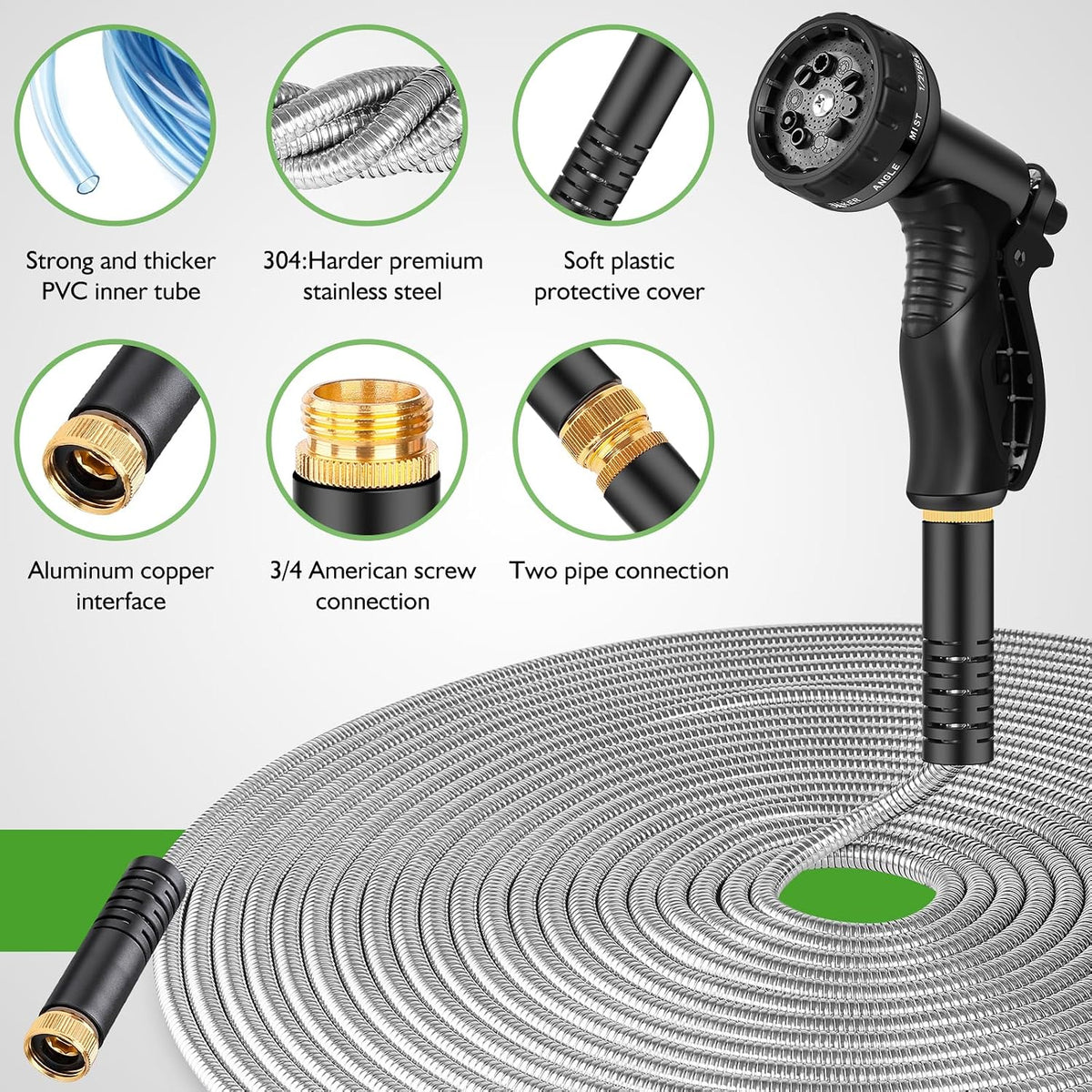 Rcfunkid 75FT No-Kink Metal Hose With 10 Function Nozzle Tough