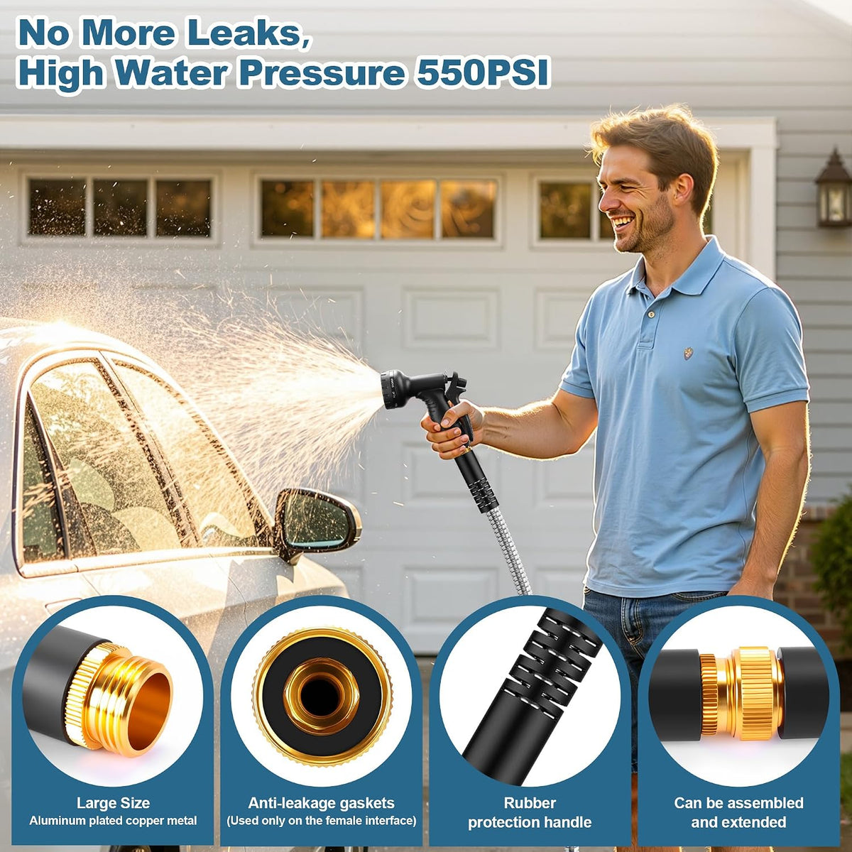 Rcfunkid 75FT No-Kink Metal Hose With 10 Function Nozzle Tough