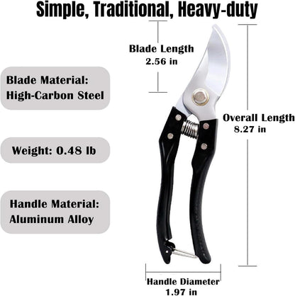 Garden Pruning Shears, Heavy Duty Stainless Steel Gardening Scissors for Plants, Sharp Handhled Trimmers, Bypass Blade Pruner for Branch, Hedge, Shrub, Flowers or Bonsai, Gardening Tool (Black)