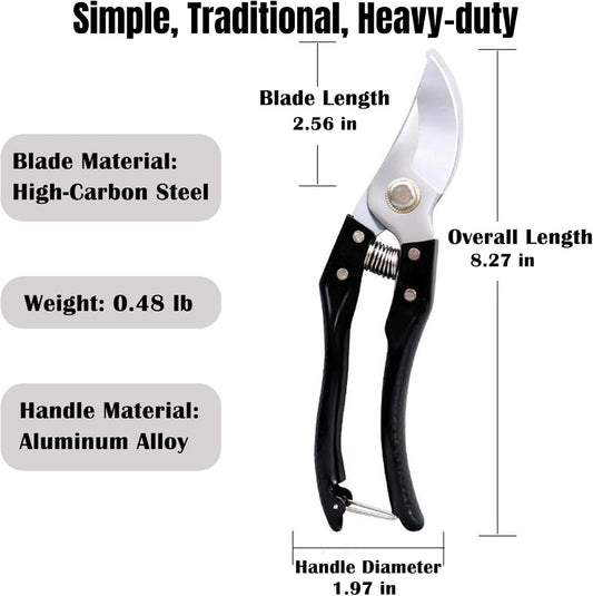 Garden Pruning Shears, Heavy Duty Stainless Steel Gardening Scissors for Plants, Sharp Handhled Trimmers, Bypass Blade Pruner for Branch, Hedge, Shrub, Flowers or Bonsai, Gardening Tool (Black)