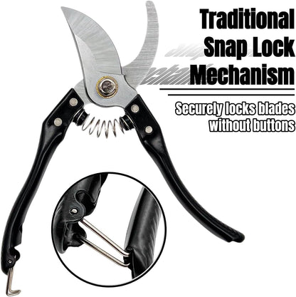 Garden Pruning Shears, Heavy Duty Stainless Steel Gardening Scissors for Plants, Sharp Handhled Trimmers, Bypass Blade Pruner for Branch, Hedge, Shrub, Flowers or Bonsai, Gardening Tool (Black)