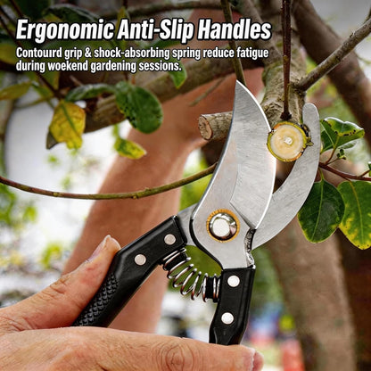 Garden Pruning Shears, Heavy Duty Stainless Steel Gardening Scissors for Plants, Sharp Handhled Trimmers, Bypass Blade Pruner for Branch, Hedge, Shrub, Flowers or Bonsai, Gardening Tool (Black)