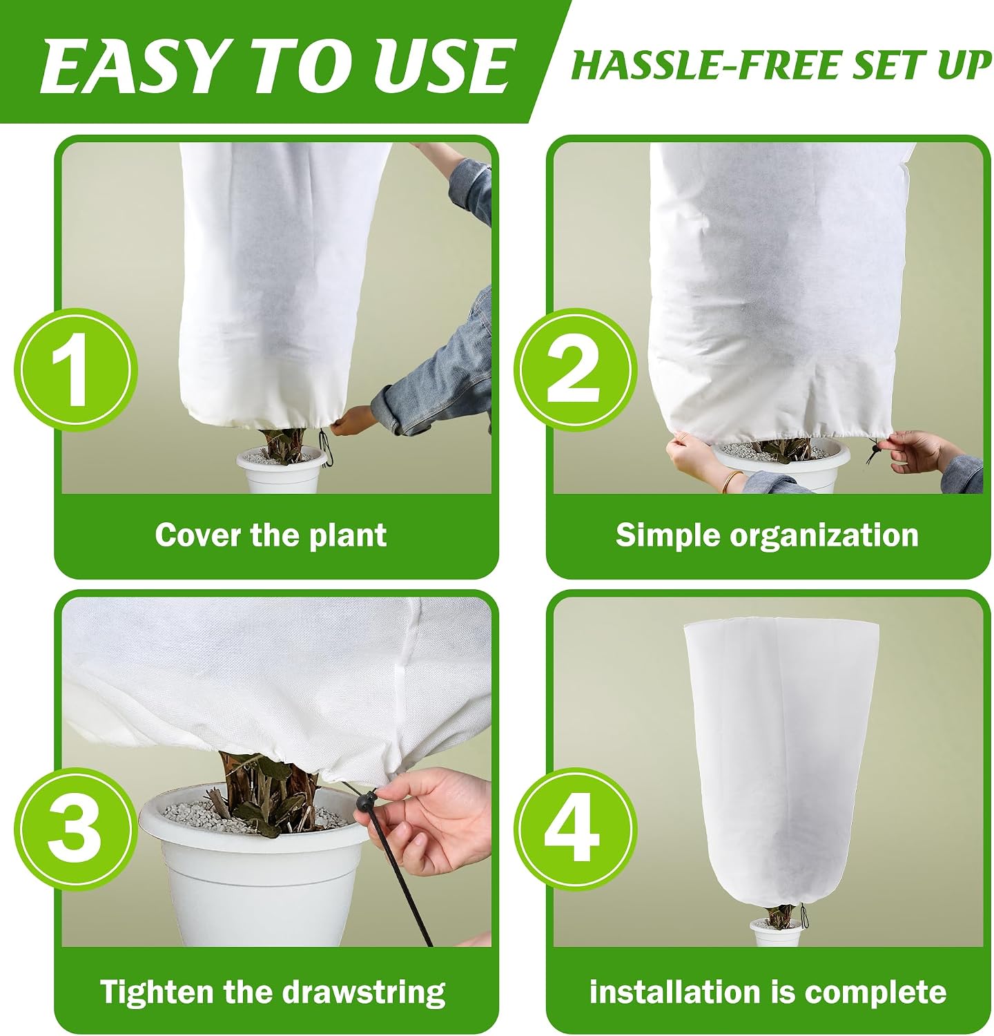 4 Packs Winter Drawstring Plant Covers-23.6 x 31.5 Inch Warm Plant Protection Cover Bags, Frost Cloth Blanket Protecting Fruit Tree Potted Plants from Freezing Animals Eating