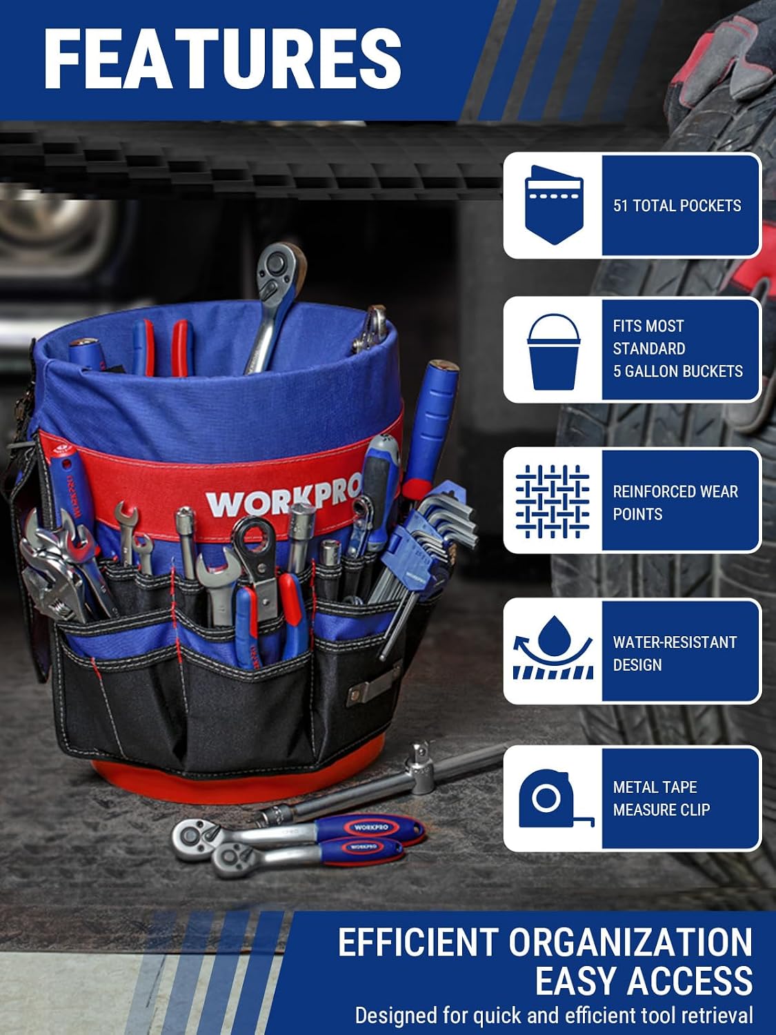 Bucket Tool Organizer with 51 Pockets Fits for 3.5-5 Gallon Bucket