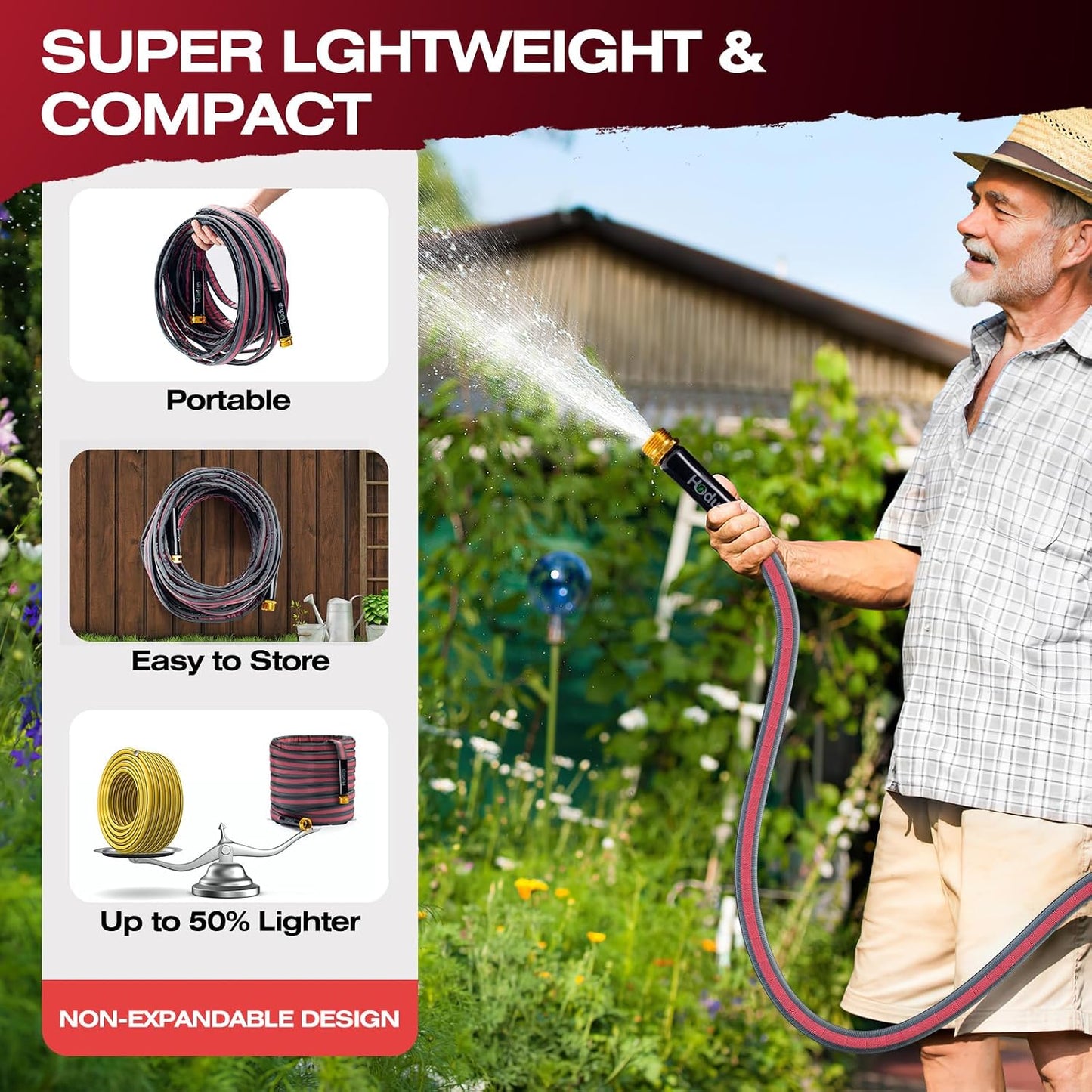 50 FT Garden Hose, Lightweight Flexible Fabric Non-Expanding Water Hose