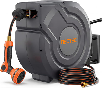 New Retractable Garden Hose Reel 150 ft x 1/2 inch 9 Sprayer Nozzle Automatic Slow Return Any Length Lock Heavy Duty Wall-Mounted Hose Reels for Outside 180° Swivel UV Resistant