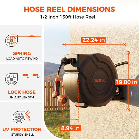 New Retractable Garden Hose Reel 150 ft x 1/2 inch 9 Sprayer Nozzle Automatic Slow Return Any Length Lock Heavy Duty Wall-Mounted Hose Reels for Outside 180° Swivel UV Resistant