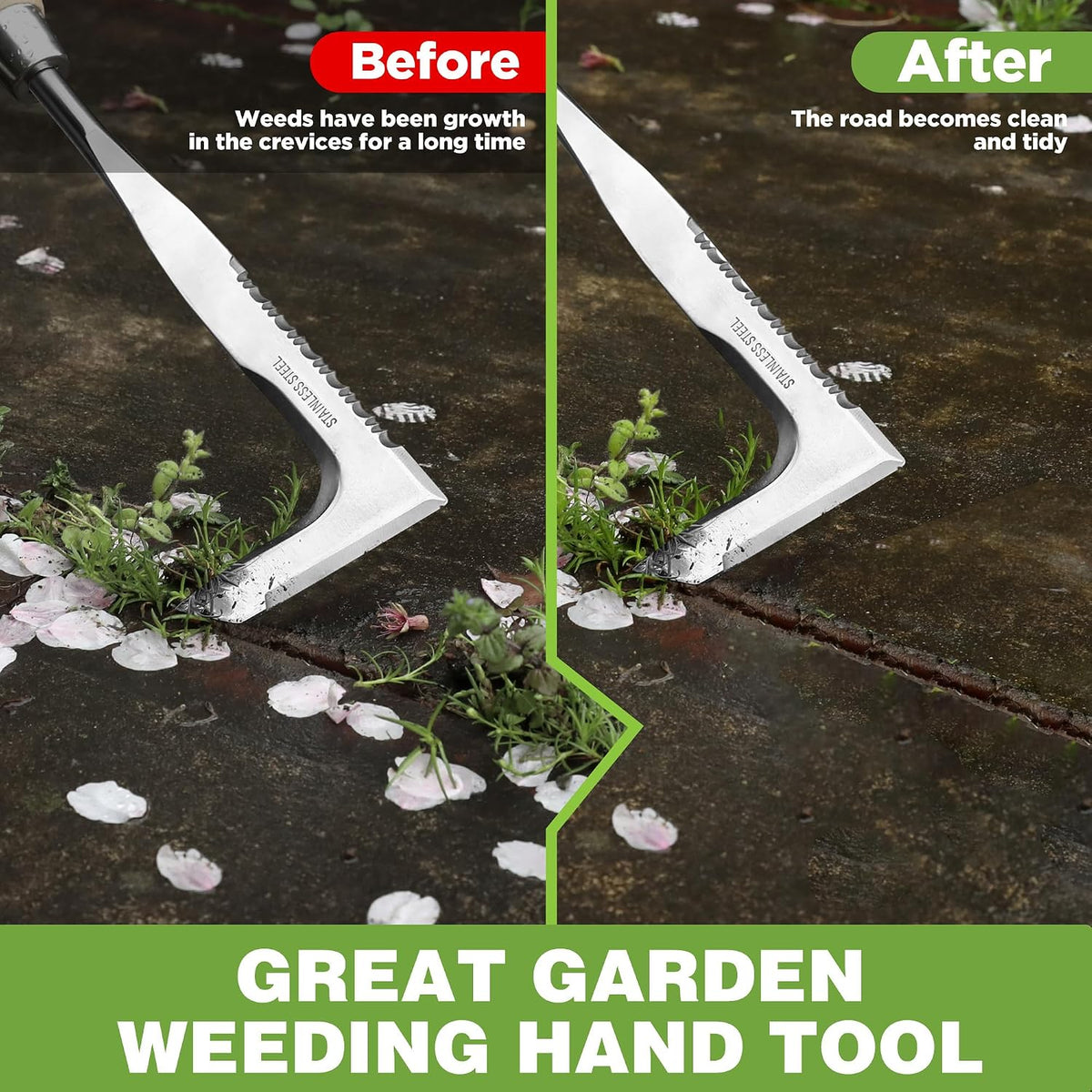 Crack Weeder, 12" Stainless Steel Crevice Weeding Tool with Ash Wooden Handle