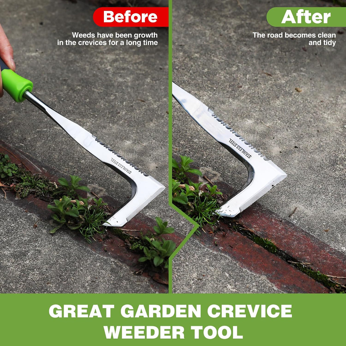 Crack Weeder, 12" Stainless Steel Crevice Weeding Tool with Ash Wooden Handle