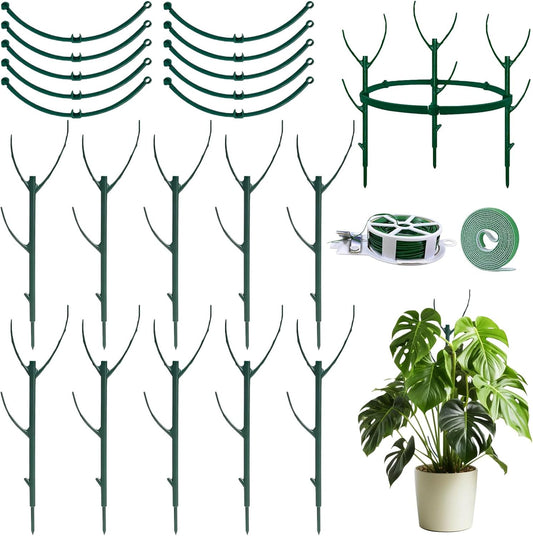 MXCOIRTP 10 Pack Stackable Plant Support Stakes & Adjustable Circular Trellis, Garden Trellis for Climbing Plants Indoor and Outdoor Use, Garden Accessories for Monstera, Pothos, Tomato