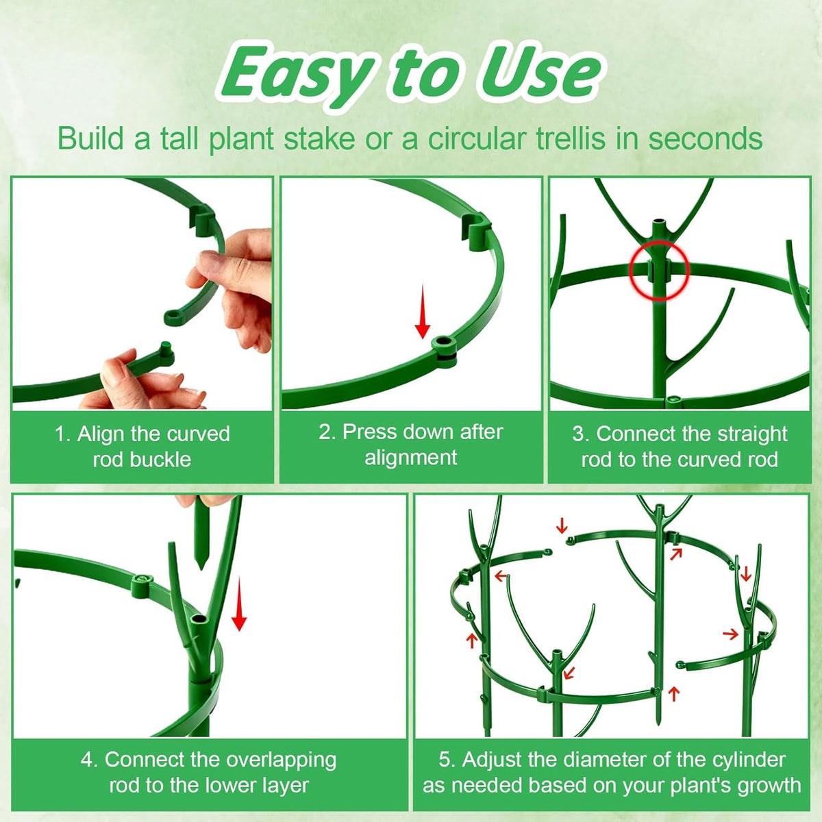 MXCOIRTP 10 Pack Stackable Plant Support Stakes & Adjustable Circular Trellis, Garden Trellis for Climbing Plants Indoor and Outdoor Use, Garden Accessories for Monstera, Pothos, Tomato