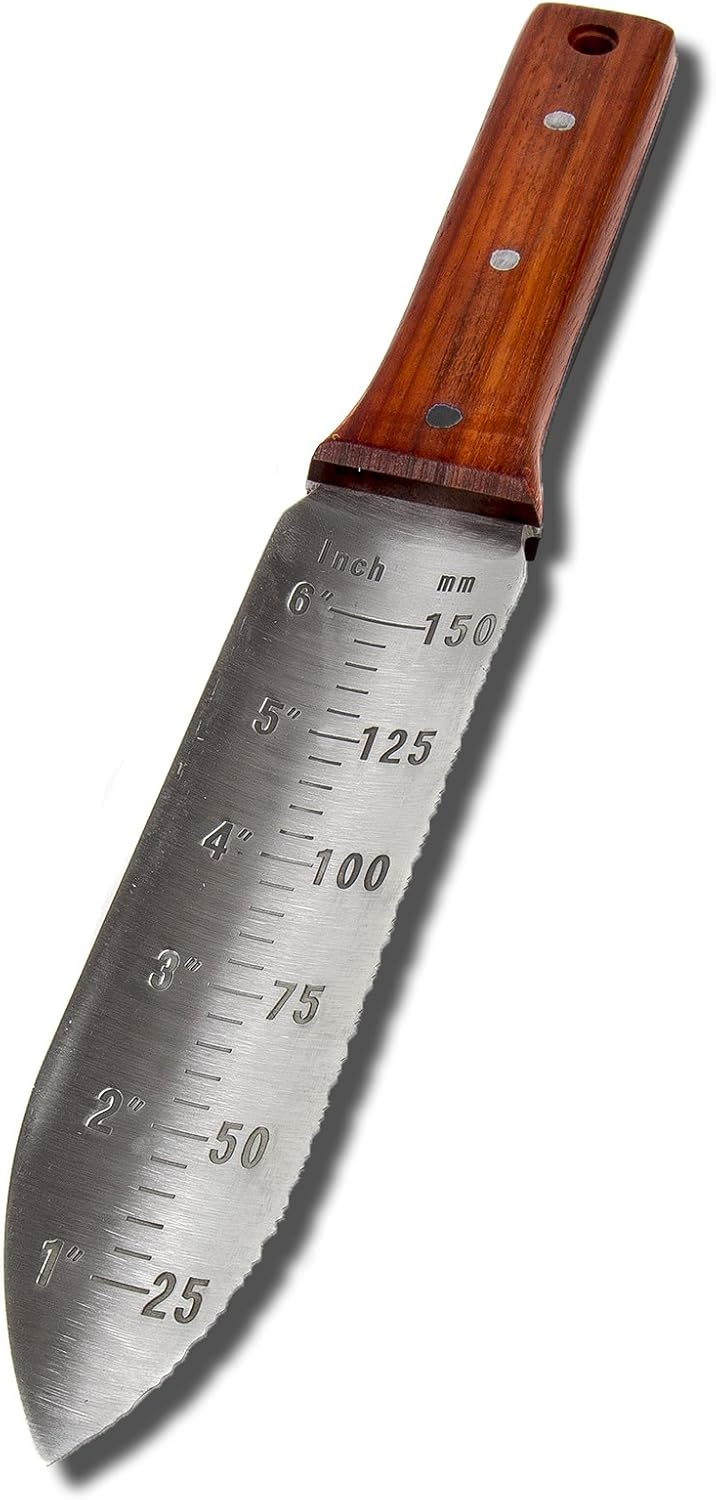 Hori Hori Gardening Knife for Weeding, Digging, Pruning, and Cultivating - Stainless Steel Full Tang Blade | Marks for Measuring Planting Depth