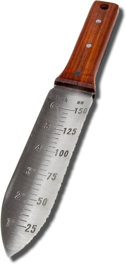 Hori Hori Gardening Knife for Weeding, Digging, Pruning, and Cultivating - Stainless Steel Full Tang Blade | Marks for Measuring Planting Depth