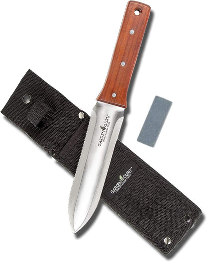Hori Hori Gardening Knife for Weeding, Digging, Pruning, and Cultivating - Stainless Steel Full Tang Blade | Marks for Measuring Planting Depth